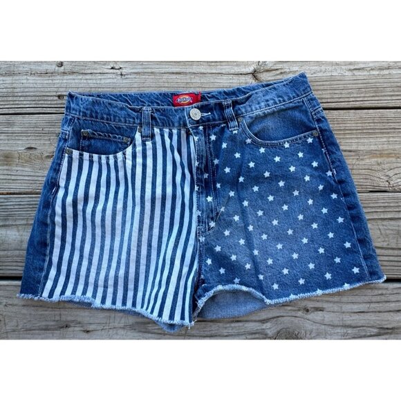 DICKIES Stars & Stripes Print 5-Pocket‎ Shorts Frayed Hem y2k Look Sz 30 g1 - Picture 1 of 6